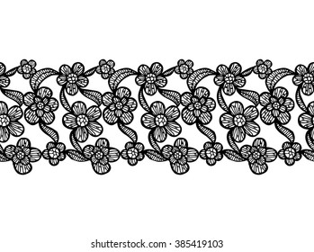 Black and White Seamless Lacy Ribbon with Hand Drawn Floral Elements. Vector Illustration.