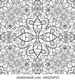 Black and white seamless line pattern. Decorative hand drawn ornament for coloring book, stylized geometric floral texture. Zen-doodle style art. Tablecloth, shawl, carpet design