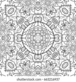 Black and white seamless line pattern. Decorative hand drawn ornament for coloring book, stylized geometric floral texture. Zen-doodle style art. Tablecloth, shawl, carpet design