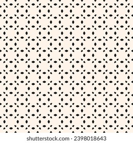 Patrón minimalista sin costuras en blanco y negro con pequeñas siluetas florales, puntos. Resumen de fondo geométrico monocromo mínimo. Sencilla textura geornamenta. Diseño vectorial repetido para decoración, impresión