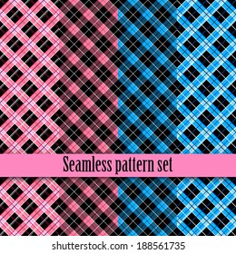 Black and white seamless monster texture with pink, blue. Fashion, bright, diagonal lines, checkered. Girls Monster party, gothic party, halloween.Swatches global colors.