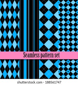 Black and white seamless monster texture with pink, blue. Fashion, bright, diagonal lines, checkered. Girls Monster party, gothic party, halloween.Swatches global colors.