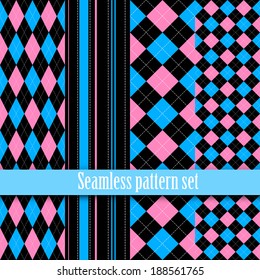 Black and white seamless monster texture with pink, blue. Fashion, bright, diagonal lines, checkered. Girls Monster party, gothic party, halloween.Swatches global colors.