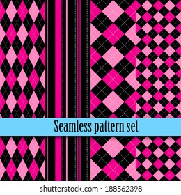 Black and white seamless monster texture with pink, blue. Fashion, bright, diagonal lines, checkered. Girls Monster party, gothic party, halloween.Swatches global colors.