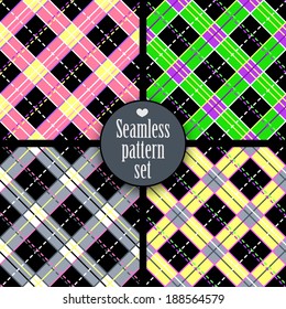 Black and white seamless monster texture with pink, blue. Fashion, bright, diagonal lines, checkered. Girls Monster party, gothic party, halloween.Swatches global colors.