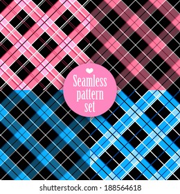 Black and white seamless monster texture with pink, blue. Fashion, bright, diagonal lines, checkered. Girls Monster party, gothic party, halloween.Swatches global colors.