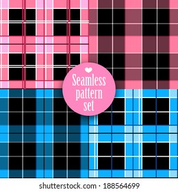 Black and white seamless monster texture with pink, blue. Fashion, bright, diagonal lines, checkered. Girls Monster party, gothic party, halloween.Swatches global colors.