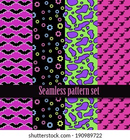 Black and white seamless monster texture with pink, blue. Fashion, bright, diagonal lines, checkered. Girls Monster party, gothic party, halloween.Swatches global colors.