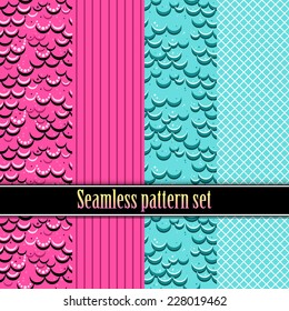 Black and white seamless monster wallpaper texture  pink, blue. Fashion, bright, dots,  lines, checkered cell. Girls Paris Monster party, gothic, high , halloween. Hot swatches global colors.Vector 