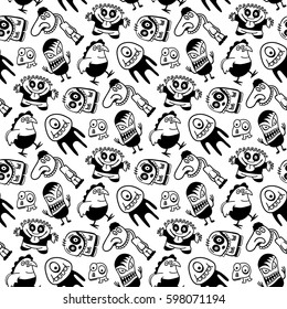 Black and white seamless monsters pattern.