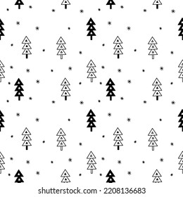 Black and white seamless New Year's Eve pattern with Christmas trees and snowflakes.