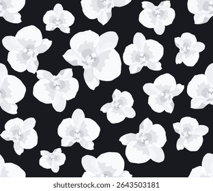 Black and white seamless orchid pattern designed for fabric, wall and more.