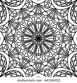 Black and White Seamless Orient Pattern. Adult Coloring Book Page. Moroccan or Arabic Ornament for Tile, Seamless Texture, Fabric. Mandala Style