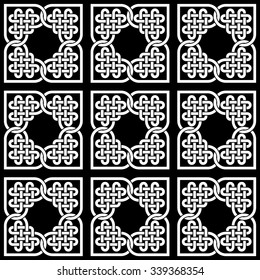 A black and white seamless oriental pattern of interlaced knots for design, textile, background, wrapping paper (vector illustration)