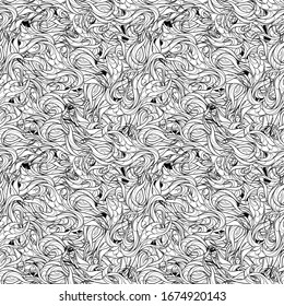 Black and white seamless ornament, linear floral pattern. 