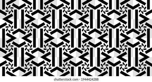 Black and white seamless ornamental geometric pattern with bold symmetrical shapes and repeating X and I motifs, creating a modern tribal or maze-like aesthetic.