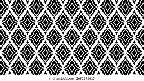 Patrón ornamental sin fisuras en blanco y negro con intrincado diseño geométrico.