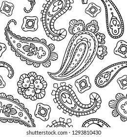 Black and white seamless paisley pattern, floral vector illustration. Oriental style.