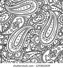 Black and white seamless paisley pattern, floral vector illustration. Oriental style.