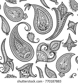 Black and white seamless paisley pattern, floral background in indian style