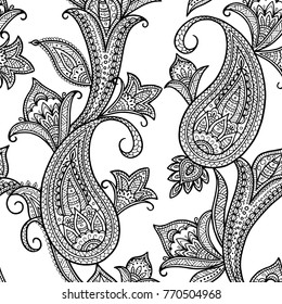Black and white seamless paisley pattern, floral background in asian style 