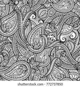 Black and white seamless paisley pattern, floral wallpaper in indian style