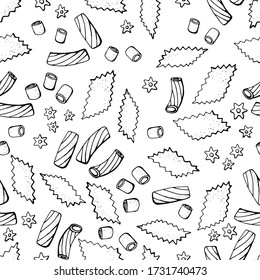 Black and white seamless pasta pattern. Line art. Stock illustration. White background, isolate.