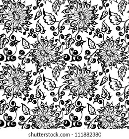 Black and white seamless pattern  Abstract seamless background  with leaves and flowers