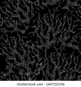 Black and white seamless pattern with abstract snowy trees on black background. Hand drawn graphic with textured stylized silhouettes natural landscape.