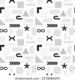 Black and white seamless pattern with abstract geometric, bold, linear, outline shapes. Brutalism, retro futurism style. inspired. For web design, covers, textile. Monochrome vector background.