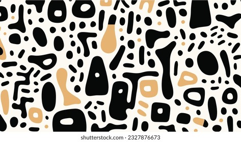 black and white seamless pattern with abstract shapes in the form of the letters of a stylized typeface , in the style of adolph gottlieb, earthy palette, confetti-like dots