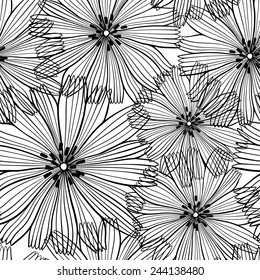 Black and white  seamless pattern of abstract flowers.
