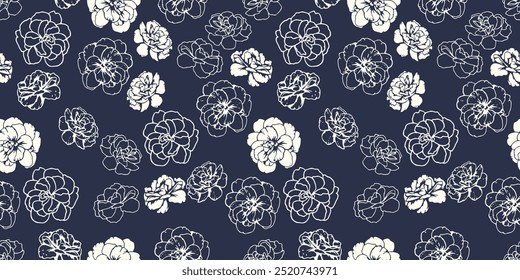 Padrão sem emenda preto e branco com buttercups abstratos, flores de amores. Bi cor contorno silhuetas, linhas, contornos impressão floral. Mão de vetor desenhada. Ornamento de natureza lisa para desenhos