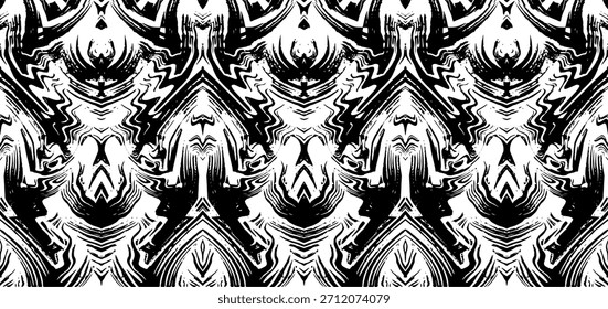 Black and white seamless pattern with abstract tribal ink brush strokes. Ethnic and modern geometric ornament for textile, fabric, and wallpaper design. 