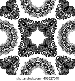 Black and white seamless pattern of abstract ornaments. Vector illustration.
