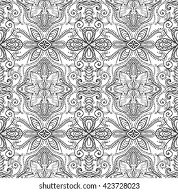 Black and white seamless pattern. Abstract geometric floral seamless background. Tribal ethnic ornate decoration, lace repeating texture. Vector doodle sketch pattern, graphic illustration