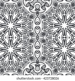 Black and white seamless pattern. Abstract geometric floral seamless background. Tribal ethnic ornate decoration, lace repeating texture. Vector doodle sketch pattern, graphic illustration