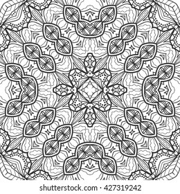 Black and white seamless pattern. Abstract geometric floral seamless background. Tribal ethnic ornate decoration, lace repeating texture. Vector doodle sketch pattern, graphic illustration