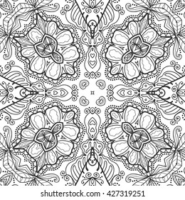 Black and white seamless pattern. Abstract geometric floral seamless background. Tribal ethnic ornate decoration, lace repeating texture. Vector doodle sketch pattern, graphic illustration