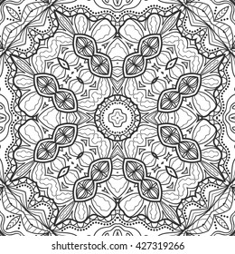 Black and white seamless pattern. Abstract geometric floral seamless background. Tribal ethnic ornate decoration, lace repeating texture. Vector doodle sketch pattern, graphic illustration