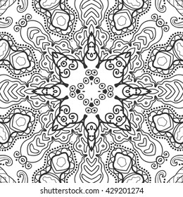 Black and white seamless pattern. Abstract geometric floral seamless background. Tribal ethnic ornate decoration, lace repeating texture. Vector doodle sketch pattern, graphic illustration
