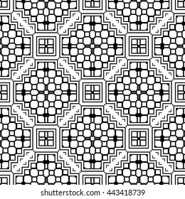 Black and white seamless pattern. Abstract geometric seamless background. Tribal ethnic ornate decoration, lace repeating texture. Vector doodle sketch pattern, graphic illustration