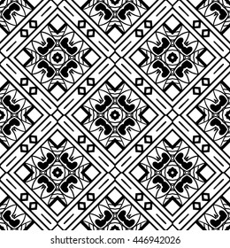 Black and white seamless pattern. Abstract geometric seamless background. Tribal ethnic ornate decoration, lace repeating texture. Vector doodle sketch pattern, graphic illustration