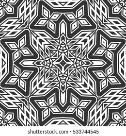 Black and white seamless pattern. Abstract geometric floral seamless background. Tribal ethnic ornate decoration, lace repeating texture. Vector doodle sketch pattern, graphic illustration