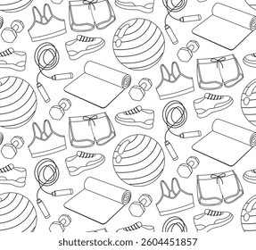 Black and white seamless pattern with active wear and equipment for fitness. Sport background drawn in doodle elements