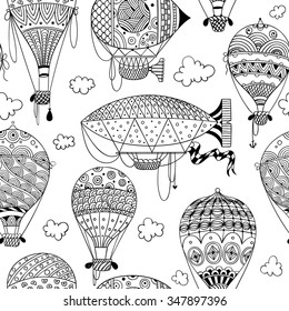 black and white seamless pattern with aerostat / air balloon / airship and clouds. abstract vector doodle art print. Wallpaper, fabric, paper, wrapping, postcards, textile, coloring book. hand drawn