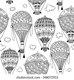 black and white seamless pattern with aerostat / air balloon and clouds. abstract vector doodle art print. Wallpaper, fabric, paper, wrapping, postcards, textile, coloring book. hand drawn