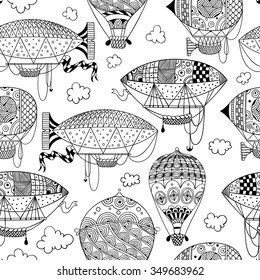 black and white seamless pattern with aerostat / air balloon / airship and clouds. abstract vector doodle art print. Wallpaper, fabric, paper, wrapping, postcards, textile, coloring book. hand drawn