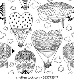 patrón transparente en blanco y negro con aerostático / globo de aire / aeródromo / nubes / corazones. dibujo abstracto de dibujo de doodle vectorial. Papel tapiz, tela, papel, textil, libro colorante. dibujado a mano