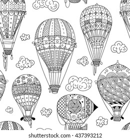 black and white seamless pattern with aerostat / air balloon / airship and clouds. abstract vector doodle art print. Wallpaper, fabric, paper, wrapping, postcards, textile, coloring book. hand drawn